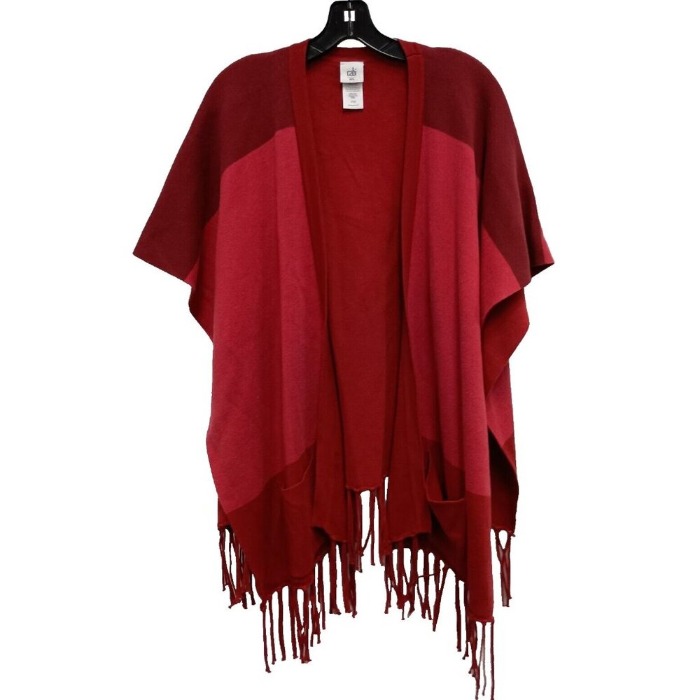 CAbi Womens Firebrick Fringe Poncho Small Medium Red Two Tone Knit #3841